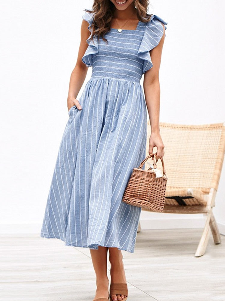 Voguable  Vintage striped women dresses long dress Ruffle sleeve linen elegant dresses Casual ruched fashion female vestidos 2019 voguable