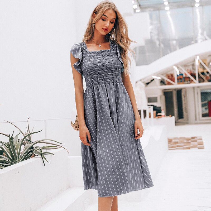 Voguable  Vintage striped women dresses long dress Ruffle sleeve linen elegant dresses Casual ruched fashion female vestidos 2019 voguable