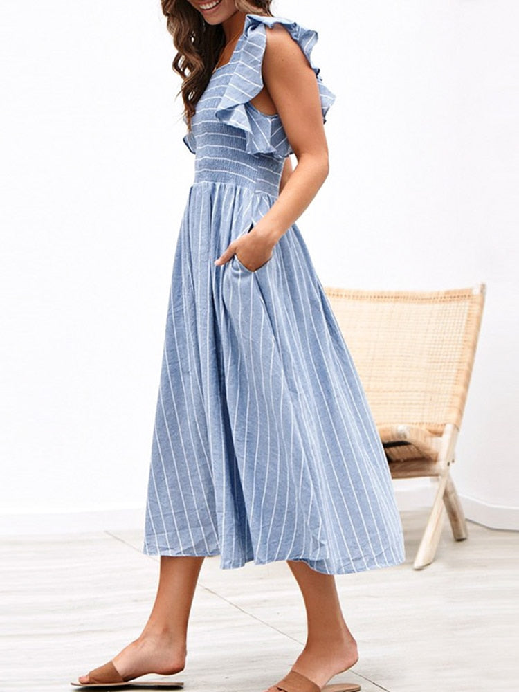 Voguable  Vintage striped women dresses long dress Ruffle sleeve linen elegant dresses Casual ruched fashion female vestidos 2019 voguable