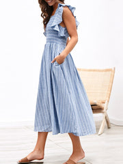 Voguable  Vintage striped women dresses long dress Ruffle sleeve linen elegant dresses Casual ruched fashion female vestidos 2019 voguable