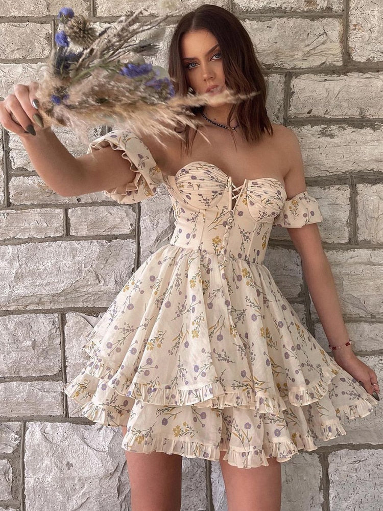 Voguable  WannaThis Floral Y2K Mini Dress Corset Off Shoulder Women Ruffle Sexy Puff Sleeve Summer 2022 Streetwear Chic Party Vestidos New voguable
