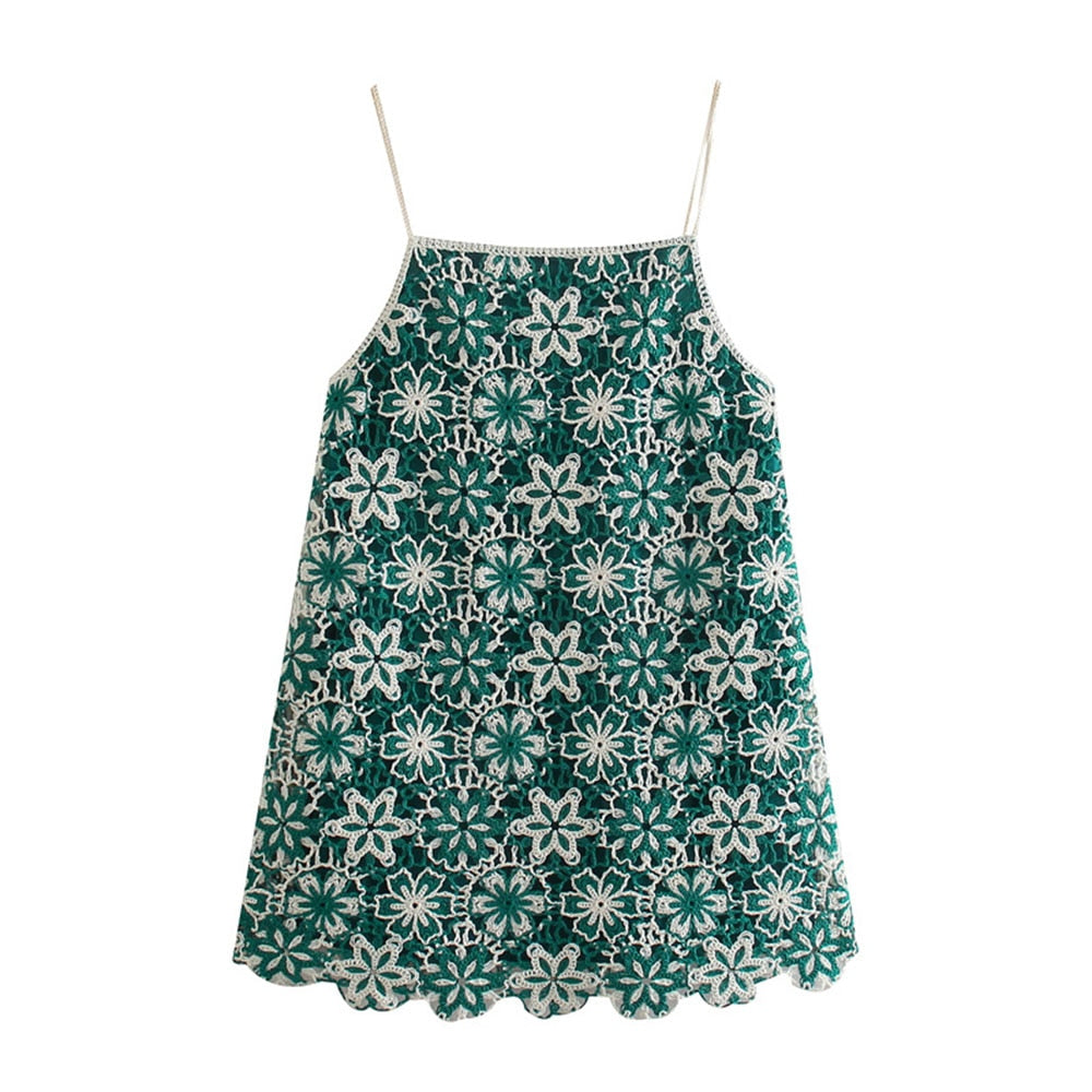 Voguable   summer new style women's holiday style hollow crochet suspender skirt jacquard embroidery lace-up big backless mini dress voguable