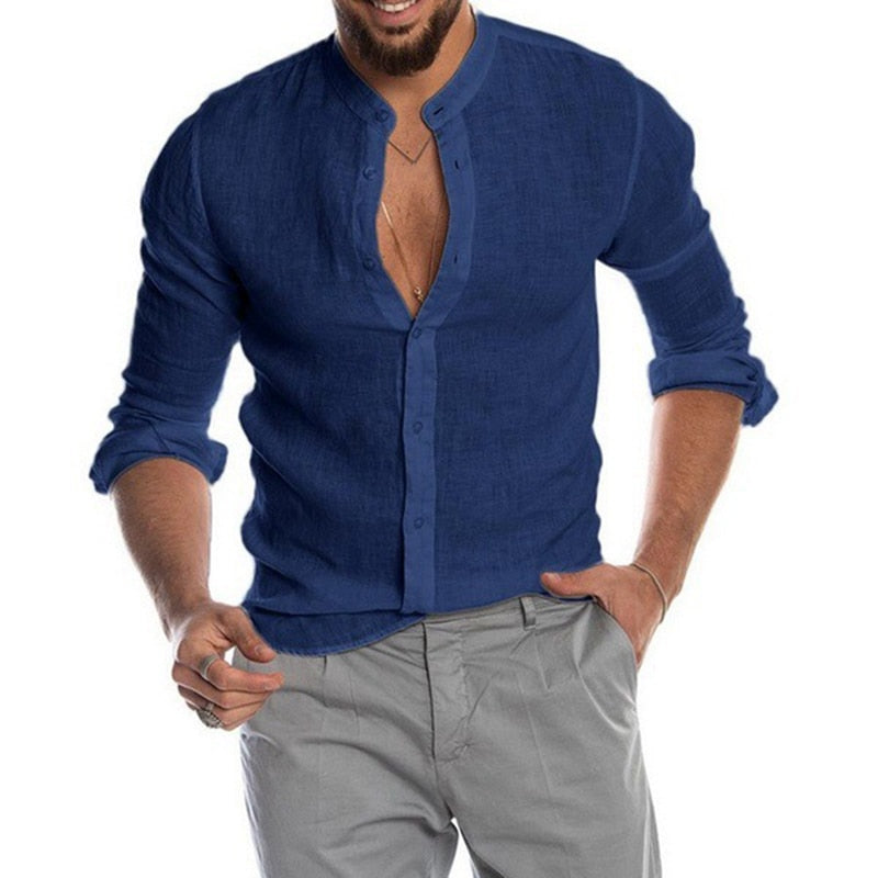 Voguable  New Men's Casual Blouse Cotton Linen Shirt Loose Tops Short Sleeve Tee Shirt Spring Autumn Summer Casual Handsome Men Shirt voguable
