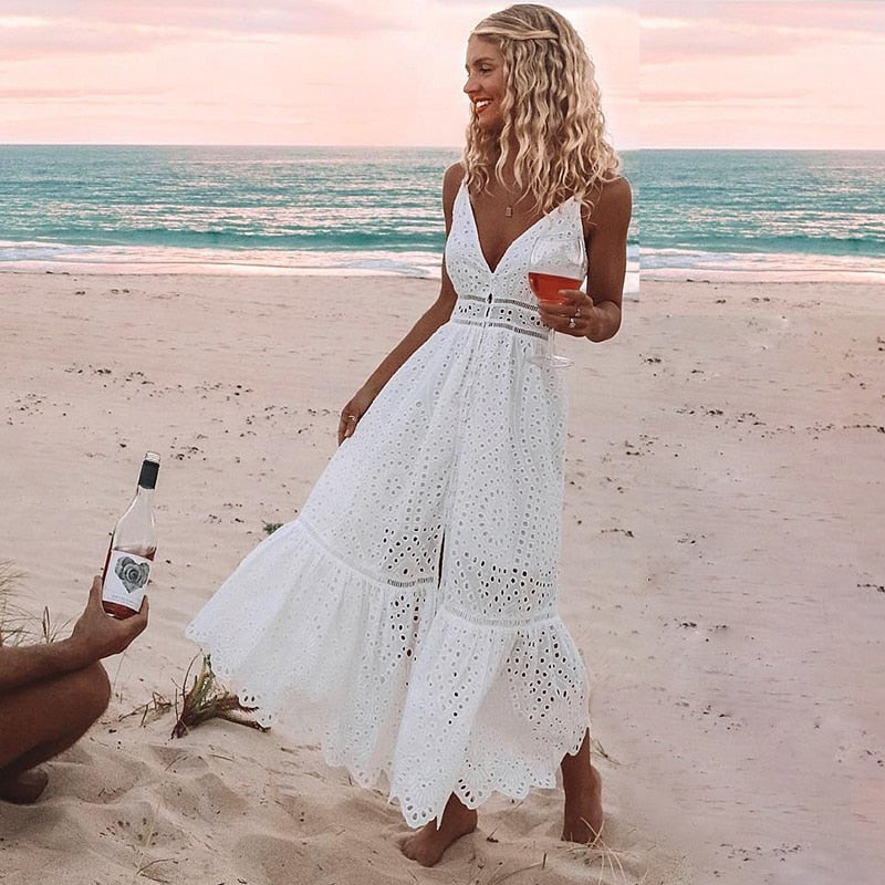 Voguable  White pearls sexy women summer dress 2022 Hollow out embroidery maxi cotton dresses Evening party long ladies vestidos voguable