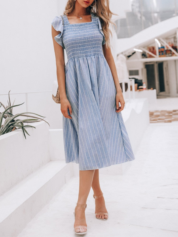 Voguable  Vintage striped women dresses long dress Ruffle sleeve linen elegant dresses Casual ruched fashion female vestidos 2019 voguable