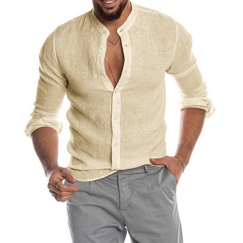 Voguable  New Men's Casual Blouse Cotton Linen Shirt Loose Tops Short Sleeve Tee Shirt Spring Autumn Summer Casual Handsome Men Shirt voguable