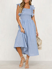 Voguable  Vintage striped women dresses long dress Ruffle sleeve linen elegant dresses Casual ruched fashion female vestidos 2019 voguable