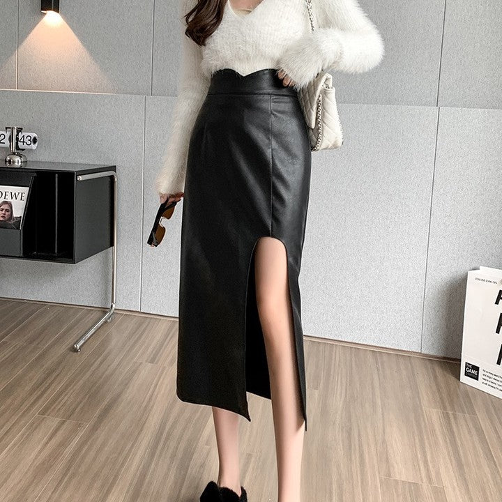 Voguable2021 Midi Split PU Leather Skirt Women Autumn Winter Black Sexy Bodycon Fashion Party Ladies Pencil Skirts Ladies Pocket voguable