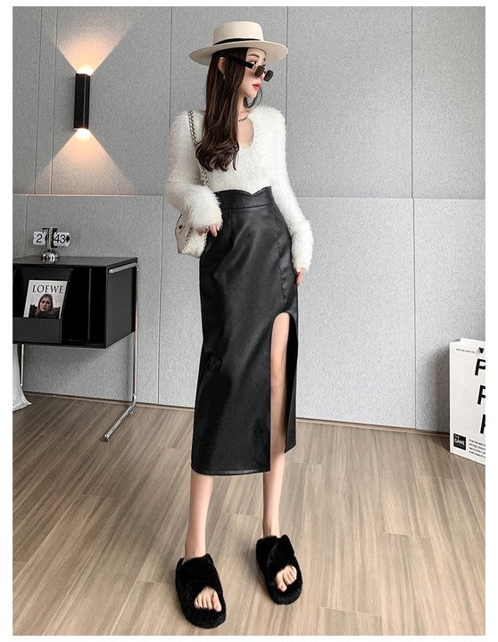 Voguable2021 Midi Split PU Leather Skirt Women Autumn Winter Black Sexy Bodycon Fashion Party Ladies Pencil Skirts Ladies Pocket voguable