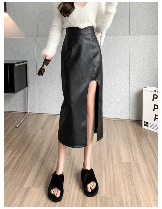 Voguable2021 Midi Split PU Leather Skirt Women Autumn Winter Black Sexy Bodycon Fashion Party Ladies Pencil Skirts Ladies Pocket voguable