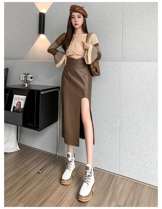 Voguable2021 Midi Split PU Leather Skirt Women Autumn Winter Black Sexy Bodycon Fashion Party Ladies Pencil Skirts Ladies Pocket voguable