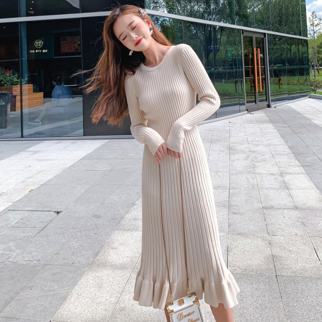 Long Sweater Dress Women Maxi Dress Knit Fishtail Long Winter Dresses Plus Size Women Clothing voguable
