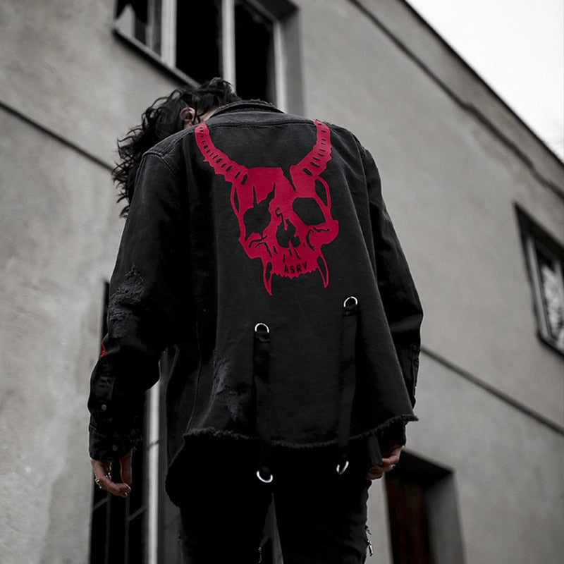 Voguable Harajuku Gothic Demon Hunter Skull denim jacket men Rock punk heavy metal Sweatshirt sudadera suspenders hole streetwear voguable