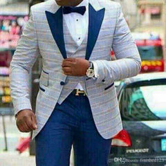 Voguable One Button Light Blue Plaid Wedding Groom Tuxedos Peak Lapel Groomsmen Mens Dinner Prom Suits (Jacket+Pants+Vest+Tie) NO:1476 voguable