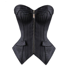 Sapubonva Sexy Black Striped Overbust Corset Office Lady Corselet Sexy Women Zip Corset Bustier Strapless Tops Costume Fashion voguable