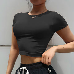 Voguable  Solid Color Crop Top Women Yoga Shirts Short Sleeves Running Sport T Shirts Women Breathable Tight Gym Tops Yoga Top voguable