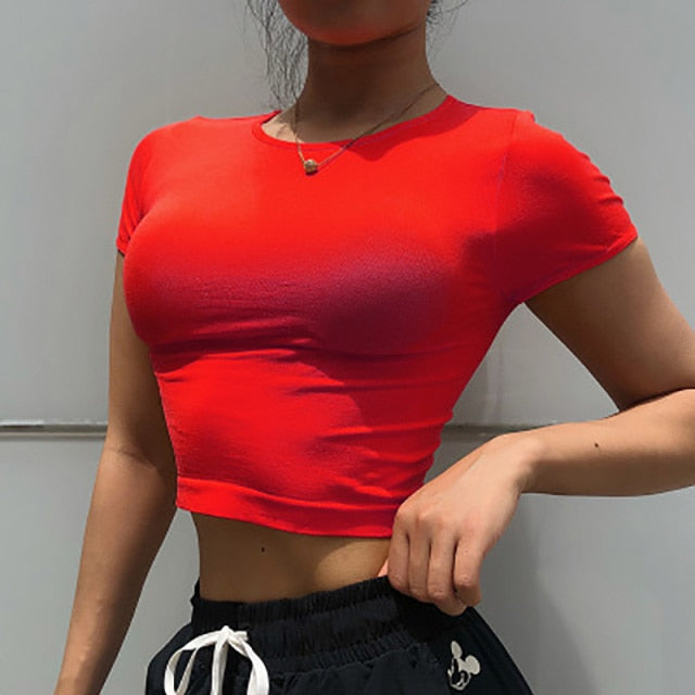 Voguable  Solid Color Crop Top Women Yoga Shirts Short Sleeves Running Sport T Shirts Women Breathable Tight Gym Tops Yoga Top voguable