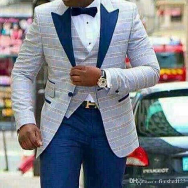Voguable One Button Light Blue Plaid Wedding Groom Tuxedos Peak Lapel Groomsmen Mens Dinner Prom Suits (Jacket+Pants+Vest+Tie) NO:1476 voguable
