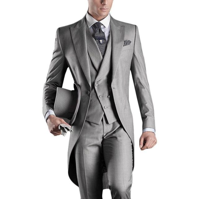 Voguable One Button Light Blue Plaid Wedding Groom Tuxedos Peak Lapel Groomsmen Mens Dinner Prom Suits (Jacket+Pants+Vest+Tie) NO:1476 voguable