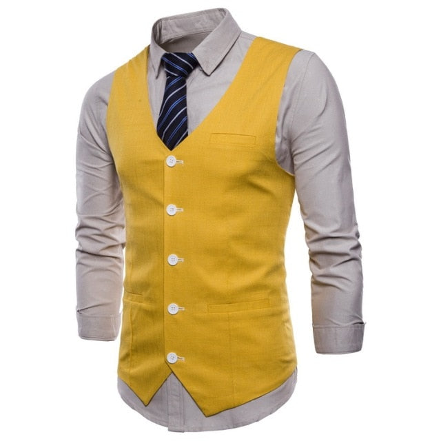 Voguable Casual Cotton Linen Mens Suit Vest Slim Fit Single Breasted Sleeveless Waistcoat Male White Yellow Green Orange Light Blue M-4XL voguable