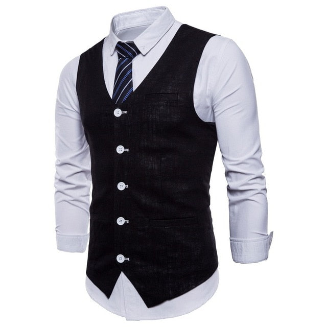Voguable Casual Cotton Linen Mens Suit Vest Slim Fit Single Breasted Sleeveless Waistcoat Male White Yellow Green Orange Light Blue M-4XL voguable