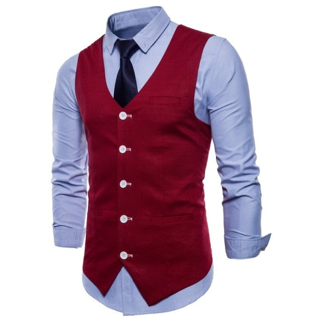Voguable Casual Cotton Linen Mens Suit Vest Slim Fit Single Breasted Sleeveless Waistcoat Male White Yellow Green Orange Light Blue M-4XL voguable