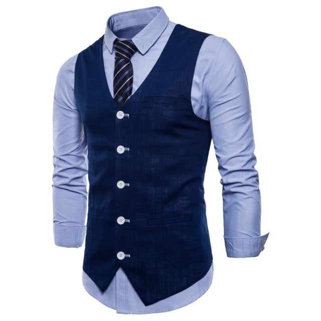 Voguable Casual Cotton Linen Mens Suit Vest Slim Fit Single Breasted Sleeveless Waistcoat Male White Yellow Green Orange Light Blue M-4XL voguable