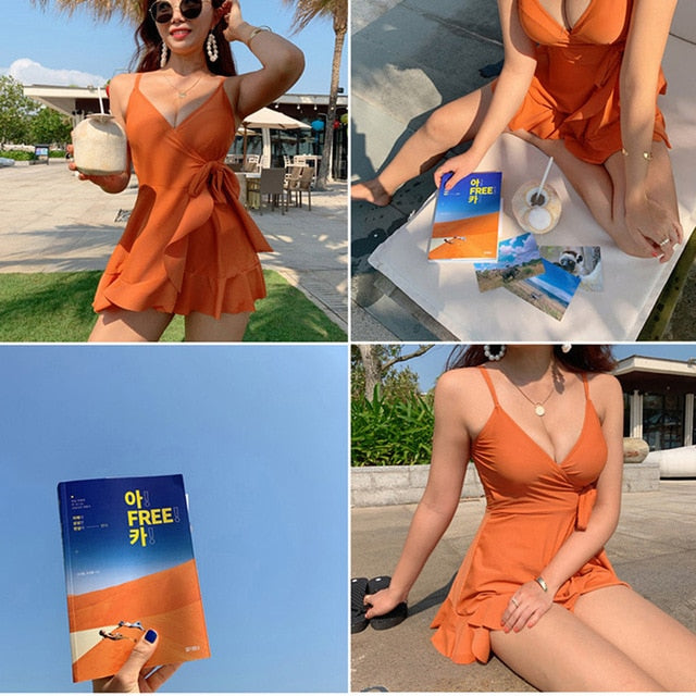 Women's 2020 Summer Bathing Suit Push Up One Piece Swimsuit Belt Solid Korea Swimwear Swimsuit Women with Skirt Swim Suit Dress voguable