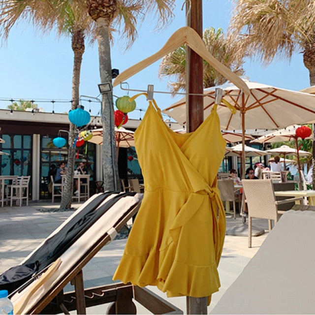 Women's 2020 Summer Bathing Suit Push Up One Piece Swimsuit Belt Solid Korea Swimwear Swimsuit Women with Skirt Swim Suit Dress voguable