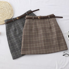 Harajuku Women Plaid Skirt Winter Chic Sashes High Waist A-line Skirts Vintage 2 Color Invisible Zipper Ladies Mini Casual Skirt voguable