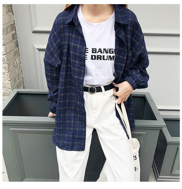 Voguable New Woman Vent Vintage Plaid Shirt Single Breasted Turn down Collar Cotton Long Sleeve Button Feminina Sales T8D512Z voguable