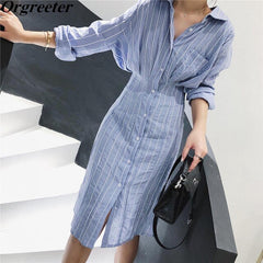 Retro striped Simple Fashion Shirt Dress Female 2021 Summer Fall Batwing Lapel Slim Ruched Single-breasted Knee-length Dress voguable