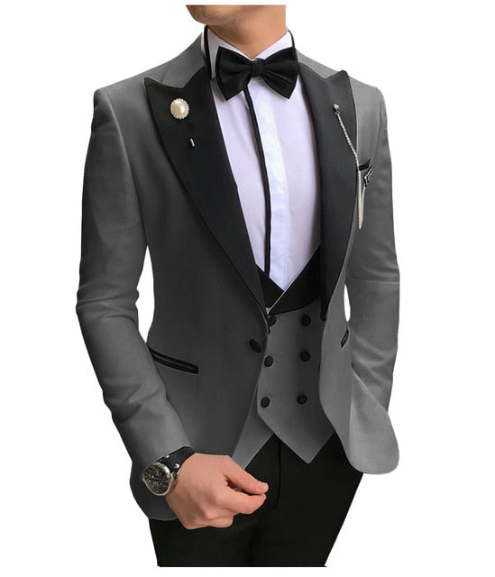 Voguable Men Suits 3 Pieces Slim Fit Business Suits Groom Champagne Noble Grey White Tuxedos for Formal Wedding suit (Blazer+Pants+Vest) voguable