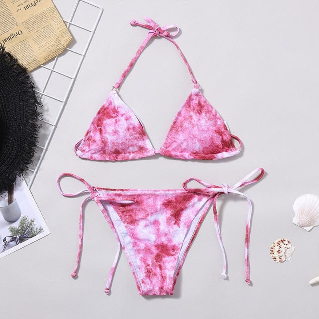 OMKAGI Swimwear Women Tie dye Bikini Set Bathing Suit Beachwear Push Up Swimming Swimwear Sexy Bandage Swimsuit Bikini 2020 voguable