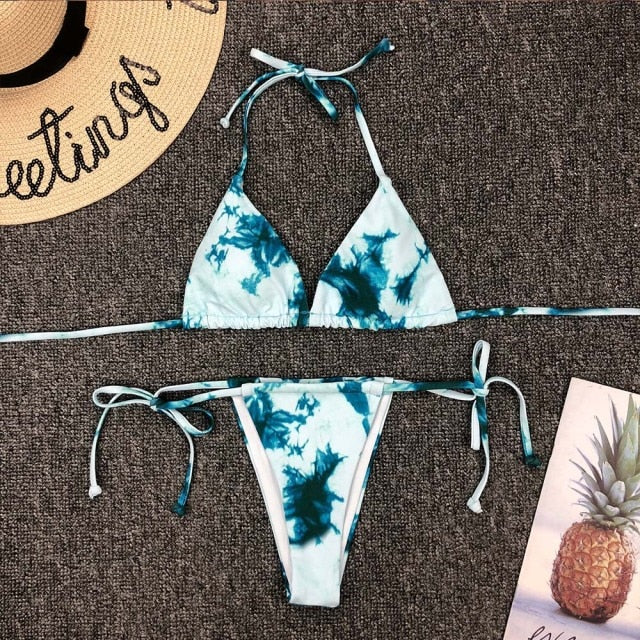 OMKAGI Swimwear Women Tie dye Bikini Set Bathing Suit Beachwear Push Up Swimming Swimwear Sexy Bandage Swimsuit Bikini 2020 voguable