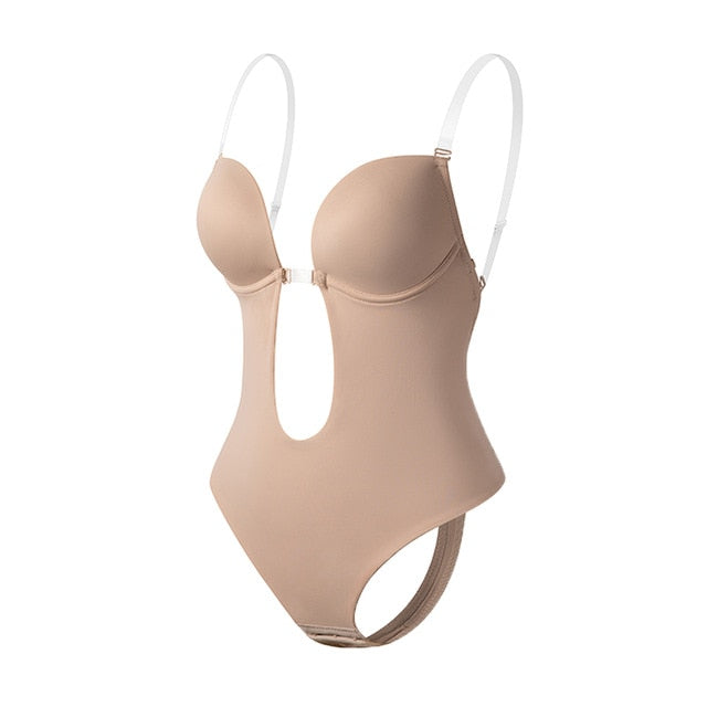 Bodysuit Shapewear Deep V-Neck Body Shaper Backless U Plunge Thong Shapers Waist Trainer Women Clear Strap Padded Push Up Corset voguable