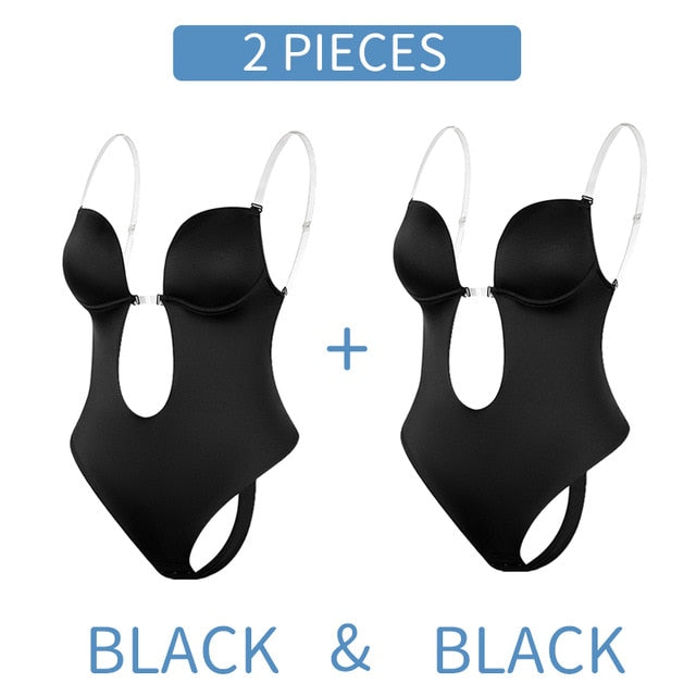 Bodysuit Shapewear Deep V-Neck Body Shaper Backless U Plunge Thong Shapers Waist Trainer Women Clear Strap Padded Push Up Corset voguable