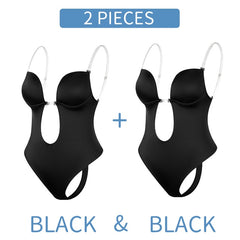 Bodysuit Shapewear Deep V-Neck Body Shaper Backless U Plunge Thong Shapers Waist Trainer Women Clear Strap Padded Push Up Corset voguable