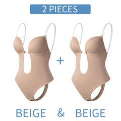 Bodysuit Shapewear Deep V-Neck Body Shaper Backless U Plunge Thong Shapers Waist Trainer Women Clear Strap Padded Push Up Corset voguable