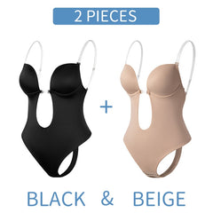 Bodysuit Shapewear Deep V-Neck Body Shaper Backless U Plunge Thong Shapers Waist Trainer Women Clear Strap Padded Push Up Corset voguable