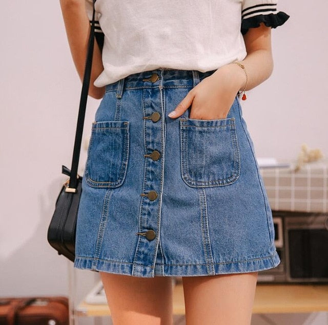 Denim Skirt High Waist A-line Mini Skirts Women 2022 Summer New Arrivals Single Button Pockets Blue Jean Skirt Style Saia Jeans voguable