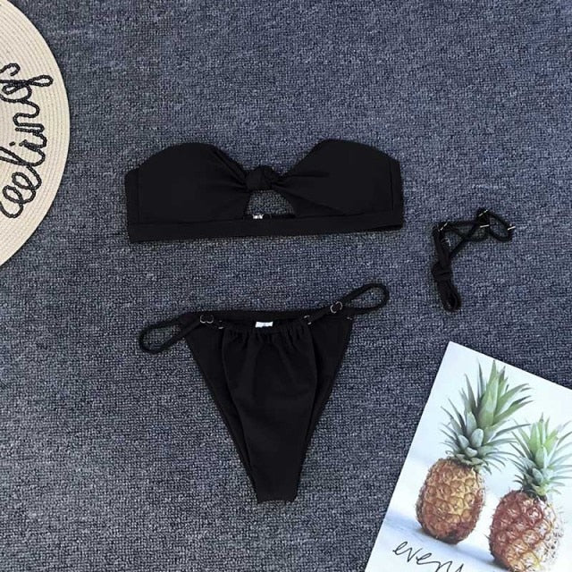OMKAGI Brand Swimwear Women Hollow Up Thong Solid Swimsuit Sexy Push Up Bathing Suit Swimming Beachwear Monokini Bikini 2020 voguable