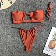 OMKAGI Brand Swimwear Women Hollow Up Thong Solid Swimsuit Sexy Push Up Bathing Suit Swimming Beachwear Monokini Bikini 2020 voguable
