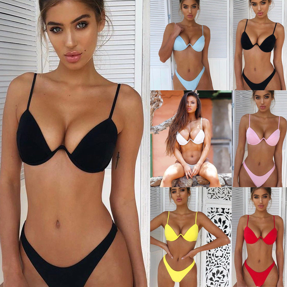 Women Fashion Padded Bra Bikini Set Swimsuit Ladies Solid  Bandage Push-up Triangle Swimwear Bathing Suits Biquini Swimwear voguable