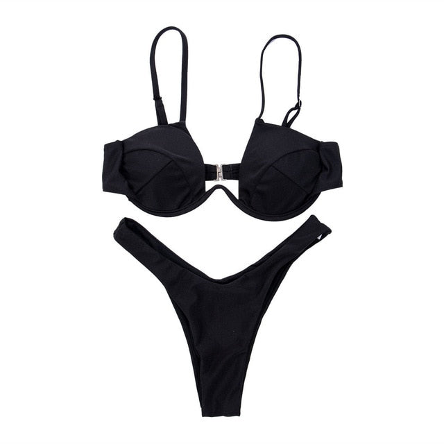 Women Fashion Padded Bra Bikini Set Swimsuit Ladies Solid  Bandage Push-up Triangle Swimwear Bathing Suits Biquini Swimwear voguable