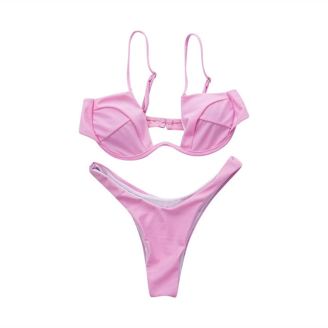 Women Fashion Padded Bra Bikini Set Swimsuit Ladies Solid  Bandage Push-up Triangle Swimwear Bathing Suits Biquini Swimwear voguable