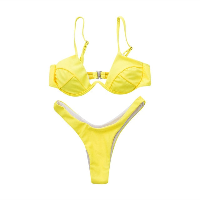 Women Fashion Padded Bra Bikini Set Swimsuit Ladies Solid  Bandage Push-up Triangle Swimwear Bathing Suits Biquini Swimwear voguable