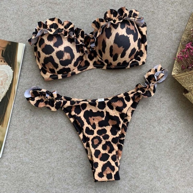 Padded Push Up Bikini Set Underwire Flower Ruffles Swimsuit For Women Sexy Solid Bandeau Female Bathing Suit 2018 Summer Biquini voguable