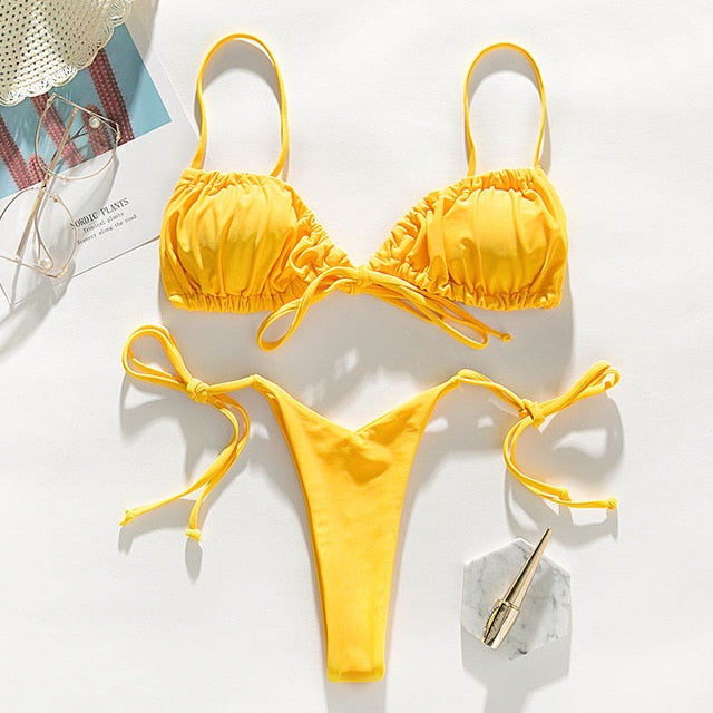 In-X Brazilian micro bikinis 2021 mujer Sexy string swimsuit female pleated bikini set Yellow swimwear women Mini bathing suit voguable