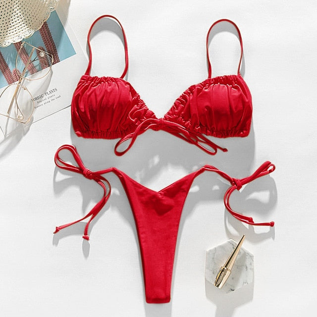 In-X Brazilian micro bikinis 2021 mujer Sexy string swimsuit female pleated bikini set Yellow swimwear women Mini bathing suit voguable